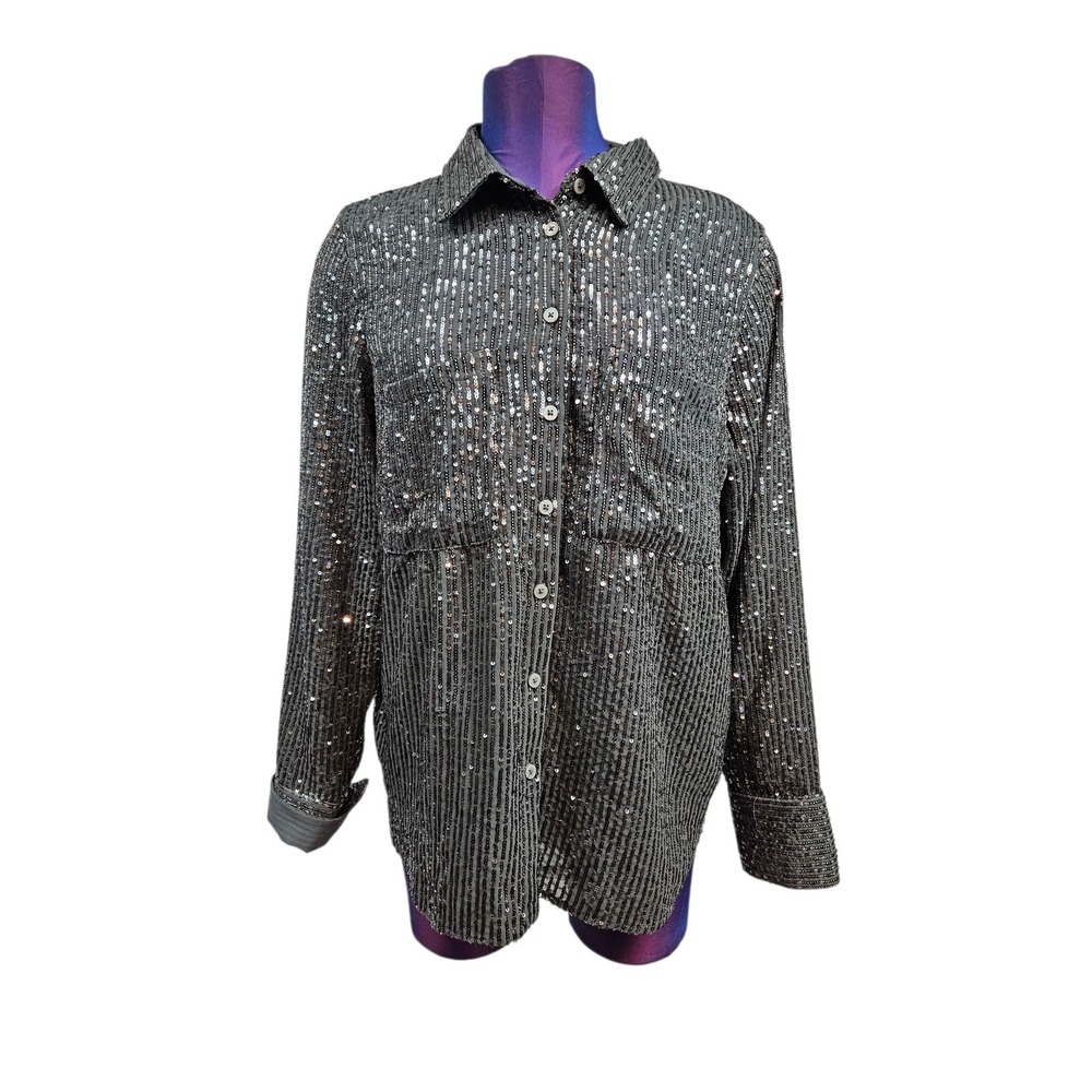 Anthropologie Remie Sequin Mesh Button Down Shirt Black Long Sleeve Top Small - Picture 8 of 8